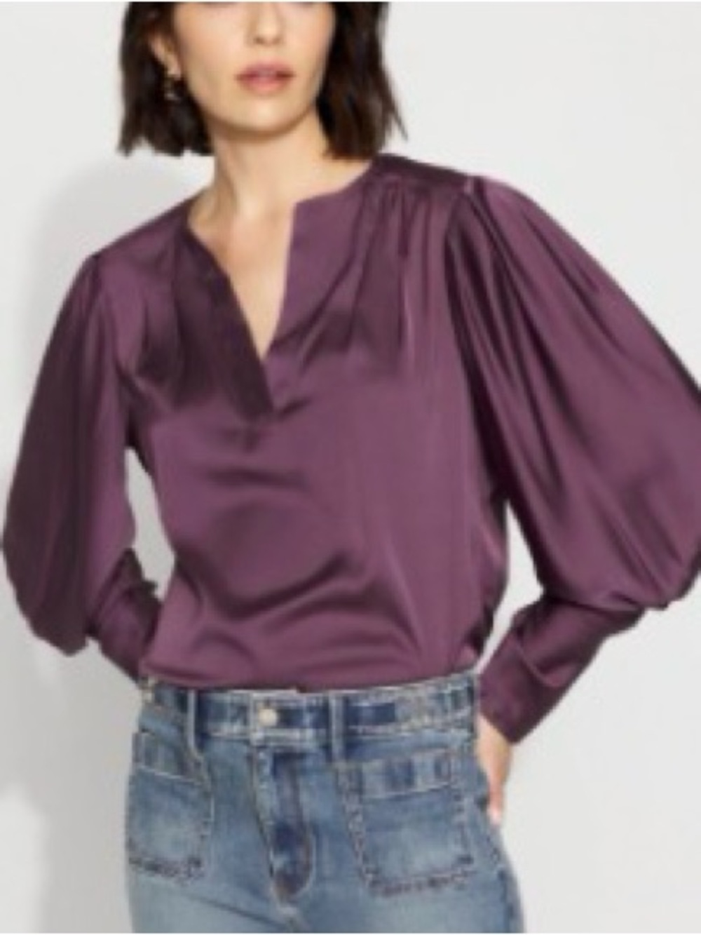 WHBM Satin V-Neck Blouse Eggplant Size 12